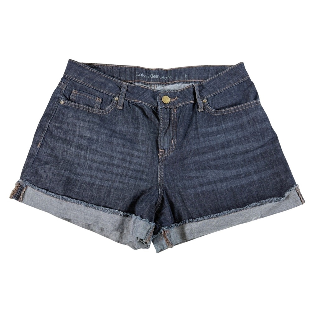 Calvin Klein Size 6 Dark Wash Denim Cuffed Cotton Jean Shorts Y2K 90s Vintage